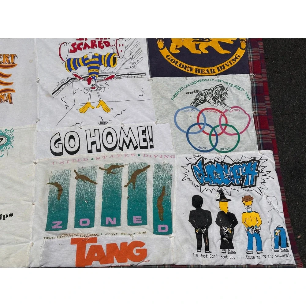Vtg 90s Graphic T-Shirt Quilt Handmade Patchwork Blanket Levis Bart College